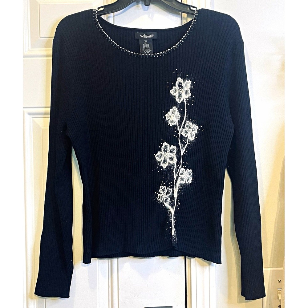 Vintage 90s Black Ribbed Knit Top Beaded Neck Mohair Floral Applique WilliSmith